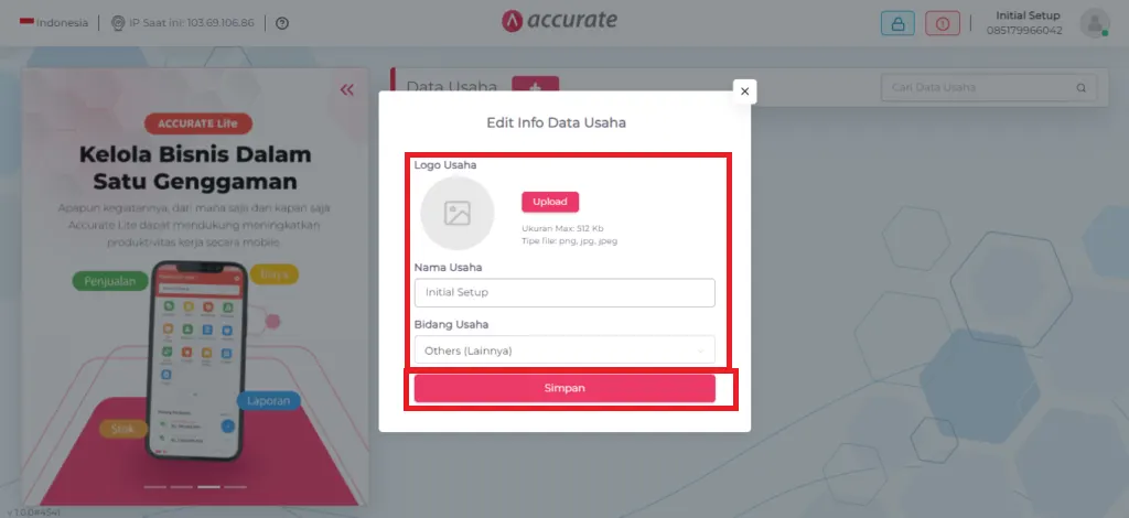 isi dan edit info data usaha Accurate Online